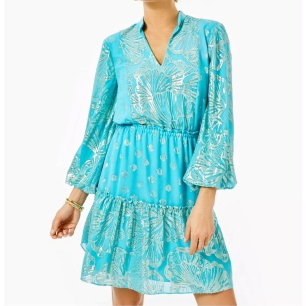 Lilly Pulitzer NWT Joella Silk Dress Sea Grass Metallic Clip Chiffon Size 6